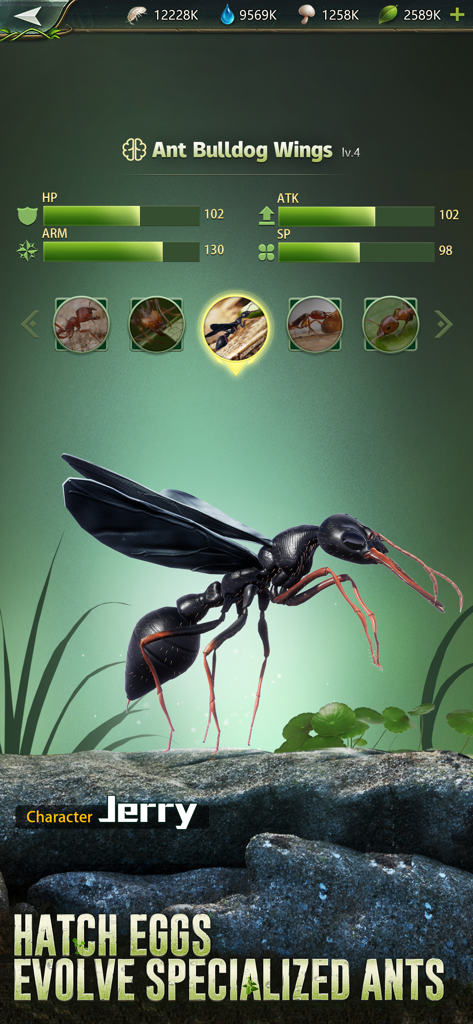 Ant Legion - Um modelo 3D detalhado de uma formiga-macaco alada chamada Jerry com estatísticas no jogo Ant Legion