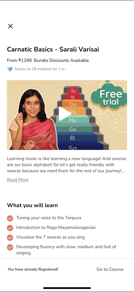 VoxGuru - VoxGuru app screen showing the Carnatic Basics Sarali Varisai music course details and learning objectives