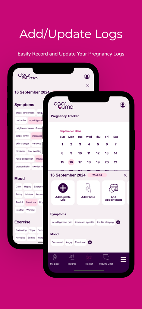 Dearbump: Pregnancy & Midwife - Dearbump App-Oberfläche zur Aufzeichnung von Schwangerschaftssymptomen und Stimmungsaufzeichnungen
