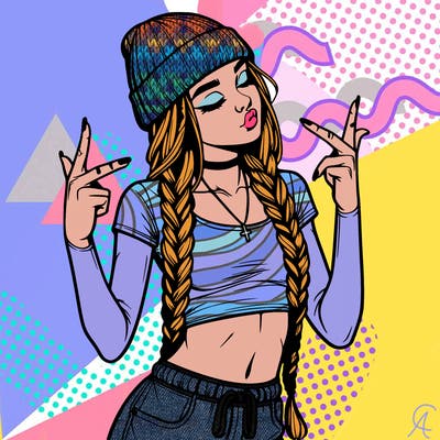 realistic teenage girl with braids and a beanie and crop top doing 🫶🏼