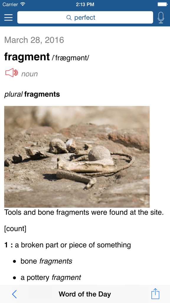 Screenshot of the Merriam-Webster Learner's Dictionary app showing the word fragment with its definition pronunciation and an illustrative photo