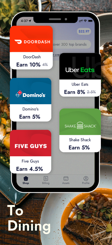 Snaplii app interface displaying cashback reward percentages for dining brands including DoorDash, Uber Eats, and Domino's.