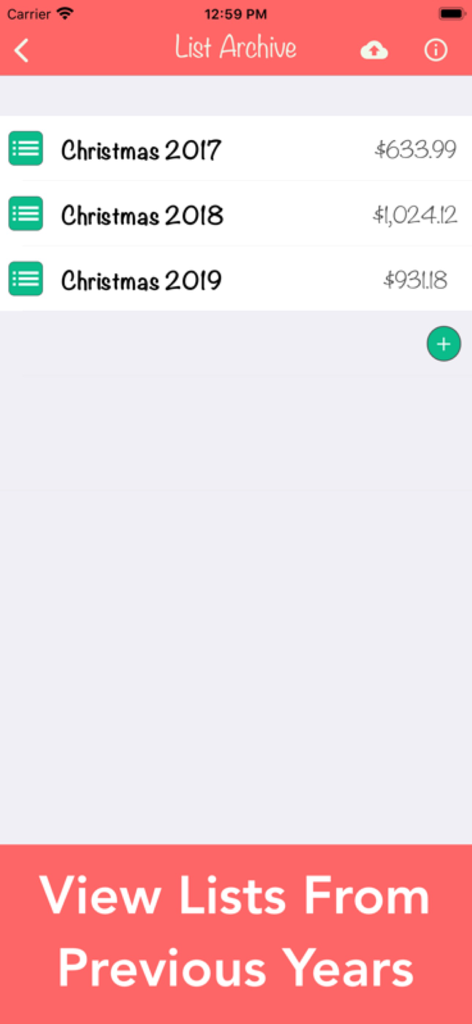 Christmas Gift List Tracker - Christmas Gift List Tracker app displaying a list archive of previous years and total spending
