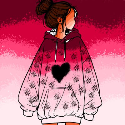realistic girl with a oversized sweatshirt on and a bun