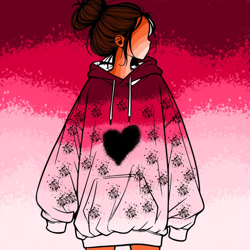 realistic girl with a oversized sweatshirt on and a bun