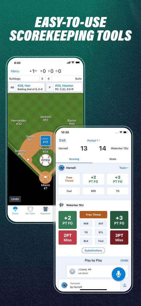 GameChanger mobile app interface showcasing digital scorekeeping tools for baseball and basketball games