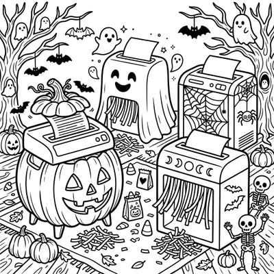 Unleash your creativity with this wonderfully whimsical Halloween coloring page featuring three unique, spooky paper shredders. It's the perfect way to blend everyday items with festive frights for a truly memorable coloring experience.