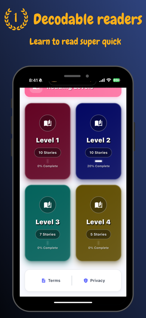 Pantalla de la aplicación Lectores Decodificables que muestra cuatro niveles de lectura educativos con seguimiento del progreso.