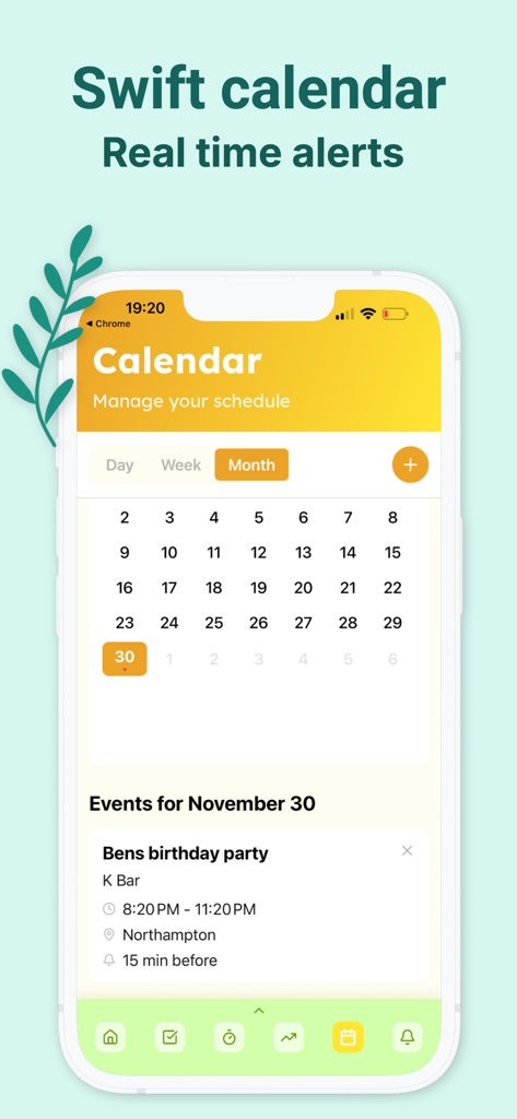 ADHD: Planner & Lifehacks - ADHDプランナーアプリの月間カレンダー画面、スケジュールされたイベントとリアルタイムアラートを表示