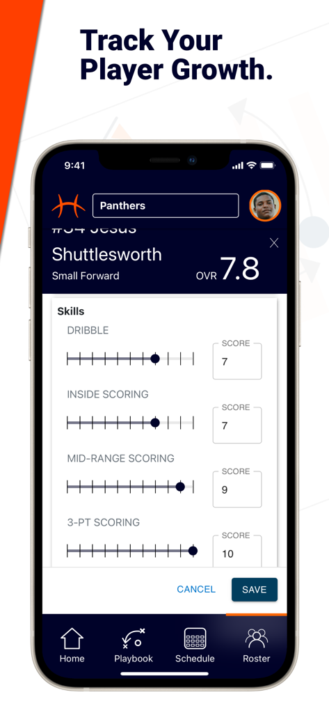 Hoops Lab - Seguimiento del crecimiento de jugadores de baloncesto y calificaciones de habilidades en la aplicación Hoops Lab.