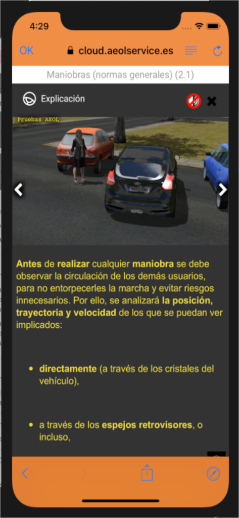 Pantalla de la aplicación AeolCloud que muestra la explicación de una maniobra de conducción con gráficos de tráfico en 3D y texto instructivo.