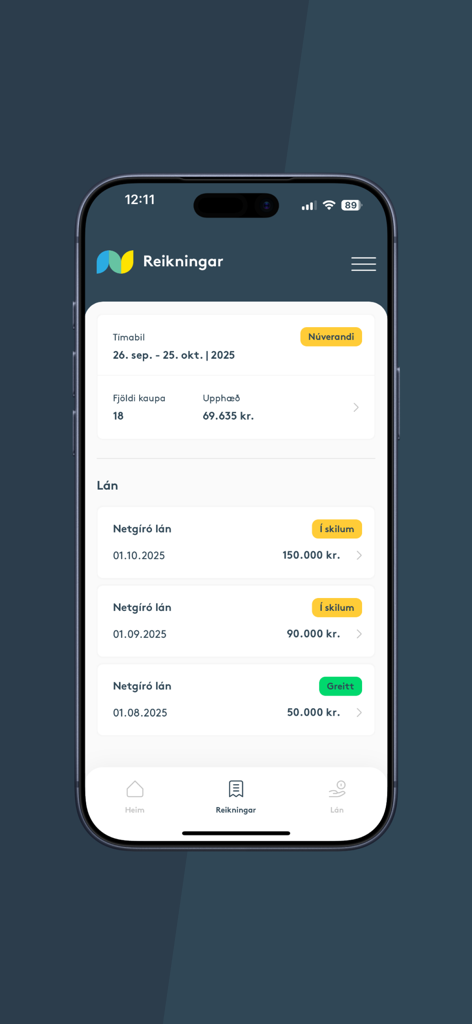 Netgíró - Netgiro app screen showing financial invoices and loan repayment status