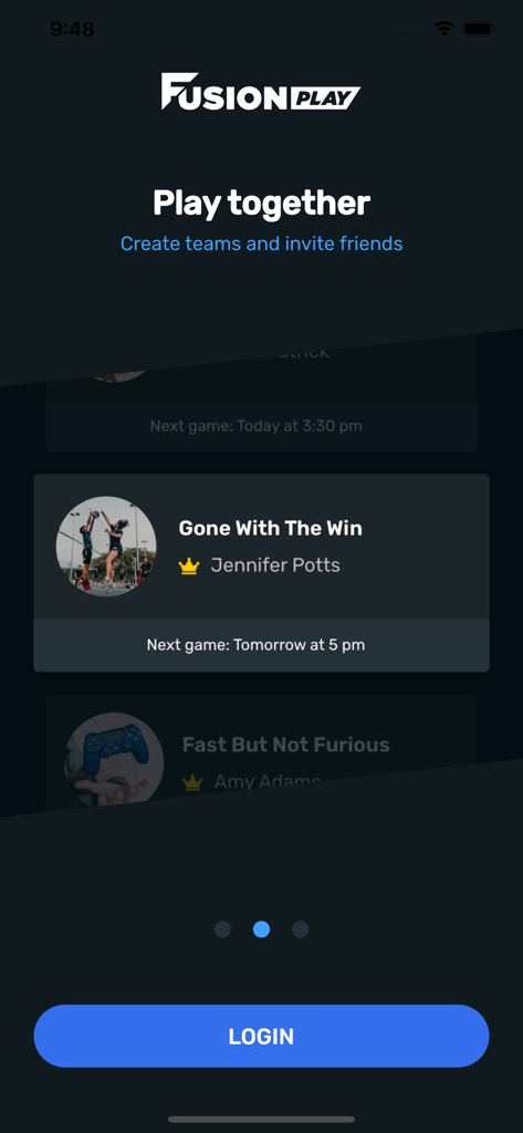 Fusion Play - Fusion Play app welcome screen showing the option to create teams and invite friends for college intramural sports.