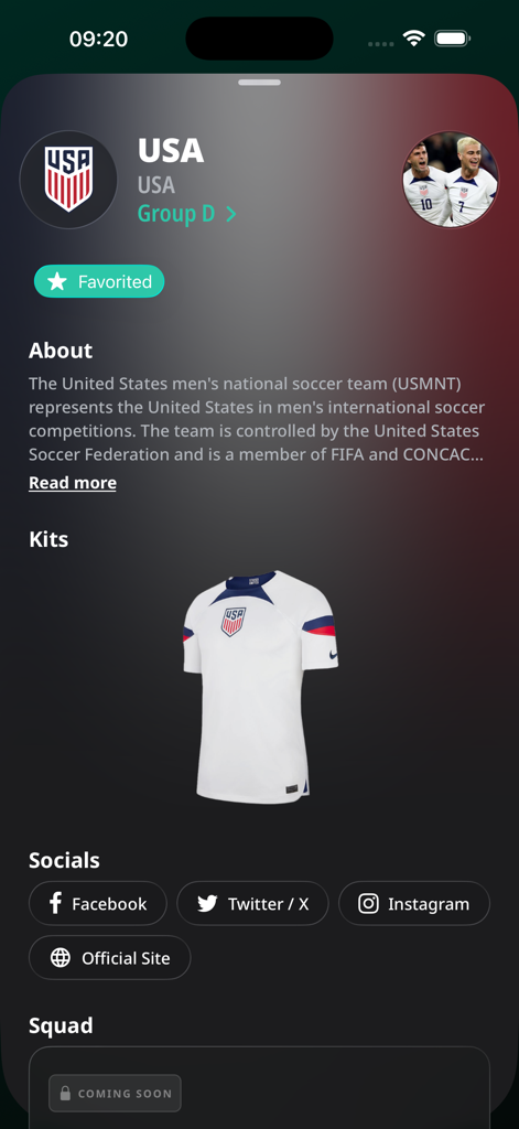 Trivela - Cup Guide 2026 - 트리벨라 앱의 미국 축구 국가대표팀 상세 프로필