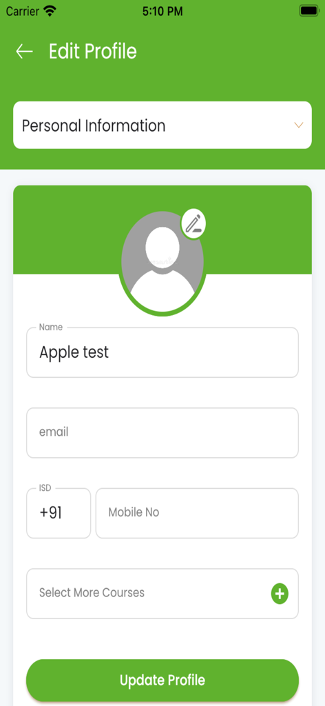 Pantalla de Edición de Perfil para la aplicación Pangea Math con información personal y selección de cursos.