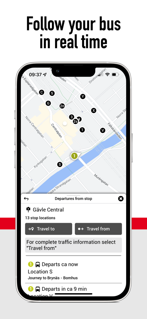 X-trafik - X-trafik app interface showing a real-time bus tracking map and departures from Gavle Central