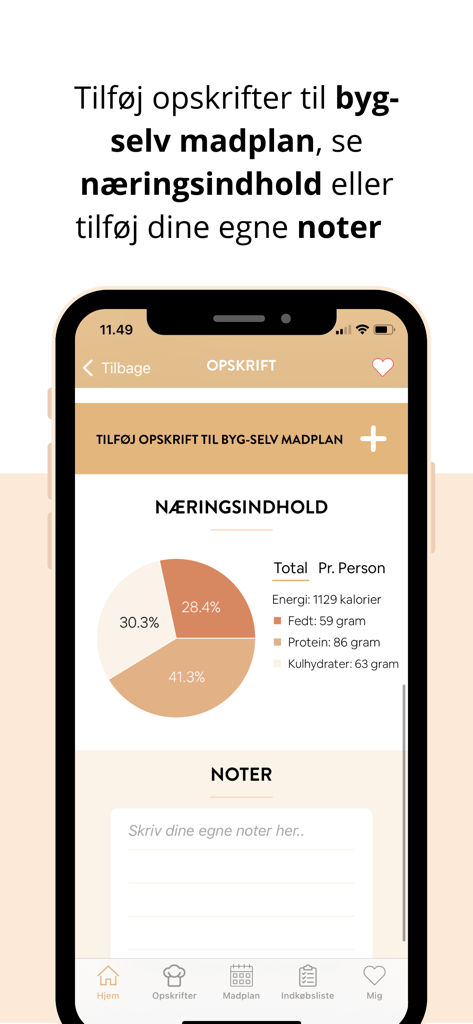 Mummum - Mummum app screenshot showing recipe nutritional data with a pie chart and a notes section