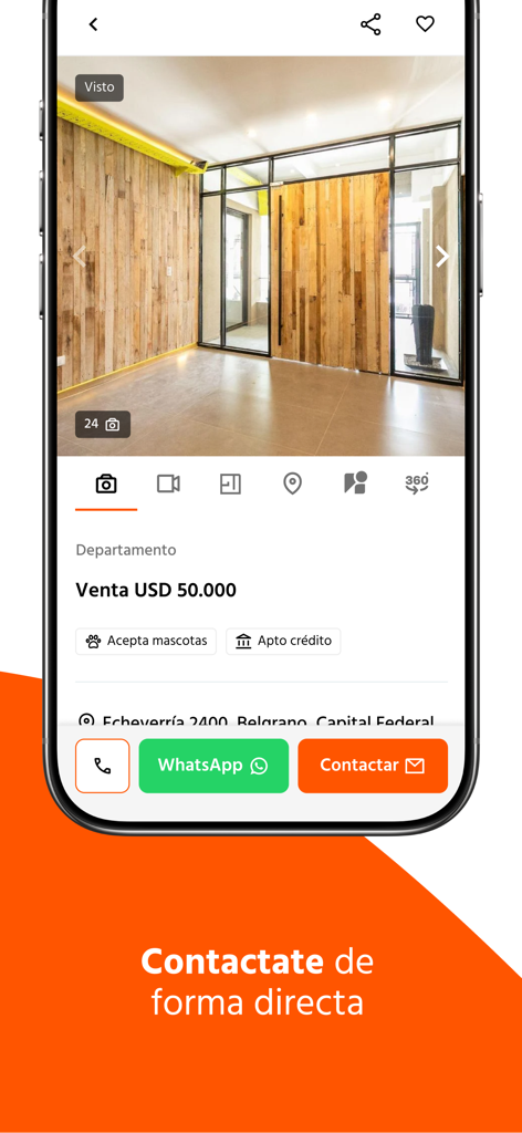 Zonaprop - Zonaprop app property listing page showing apartment details and direct contact buttons for WhatsApp and email