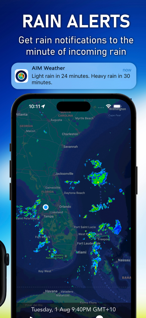 AIM Weather - AIM Weather app interface showing a real-time rain alert notification and a detailed interactive radar map of the Florida coast