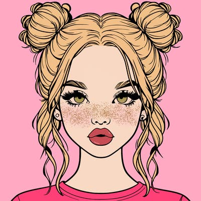 realistic girl with two buns in hair and lips