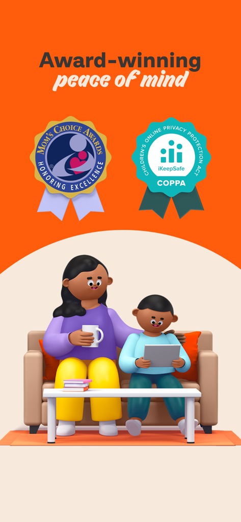 Prodigy for Parents - A mother sitting on a couch with her child who is learning on a tablet, featuring Mom's Choice and COPPA safety award badges.