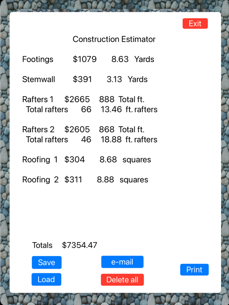 Estimate HD - Screenshot of the Construction Estimator app showing an itemized project cost and material summary for footings, rafters, and roofing