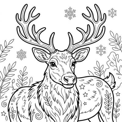 Embark on a creative journey with this captivating female reindeer coloring page. Admire her majestic antlers and the enchanting winter backdrop, waiting for your artistic touch.