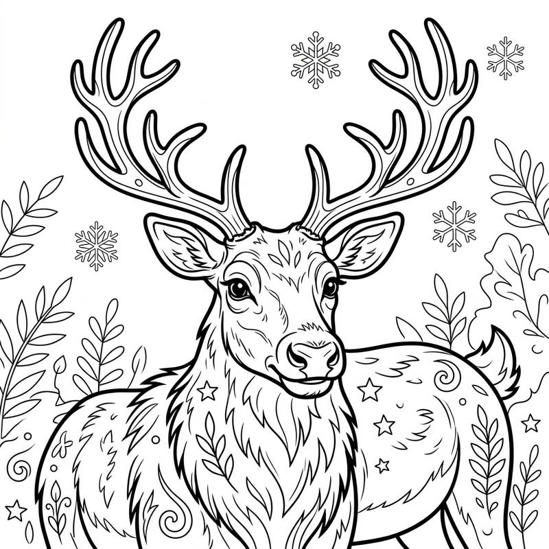 Embark on a creative journey with this captivating female reindeer coloring page. Admire her majestic antlers and the enchanting winter backdrop, waiting for your artistic touch.