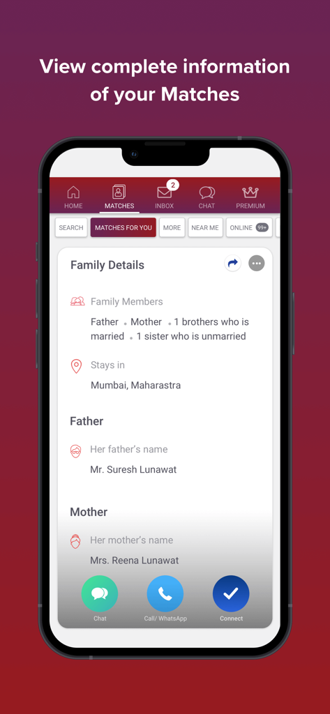 Interface do aplicativo matrimonial Sangam mostrando informações detalhadas de antecedentes familiares para um match