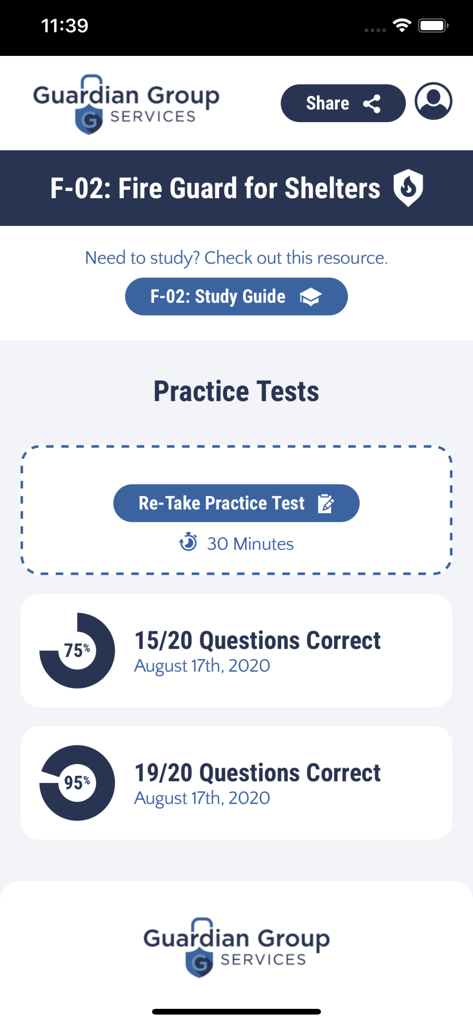 Interface of the F-02 Fire Guard for Shelters app showing practice test scores and study guide access.