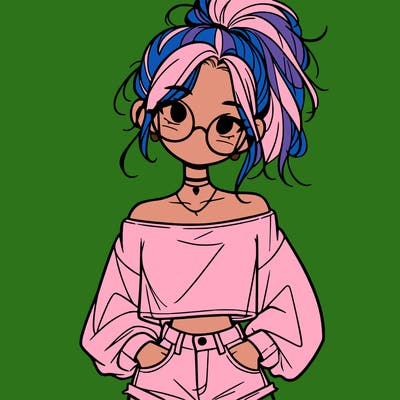 girl with a messy ponytail glasses a baggy crop top and jean shorts