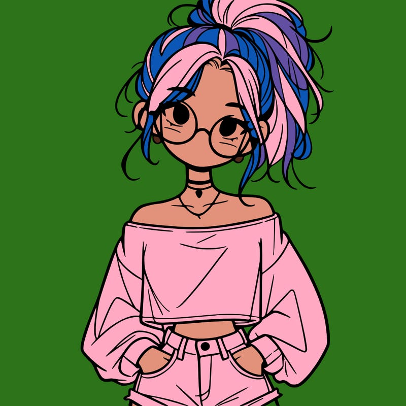 girl with a messy ponytail glasses a baggy crop top and jean shorts
