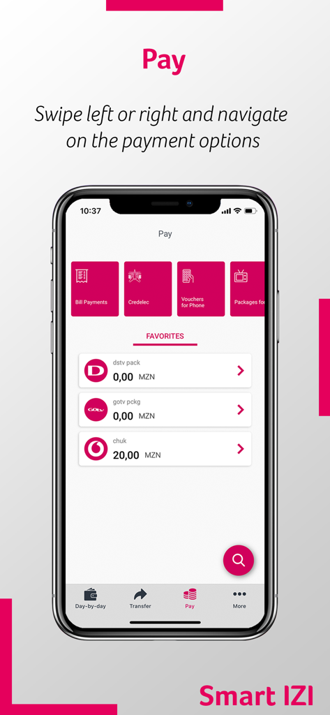 Millennium bim Smart IZI - Aplicación móvil Millennium bim Smart IZI mostrando el menú de pago con opciones de pago de facturas y servicios públicos