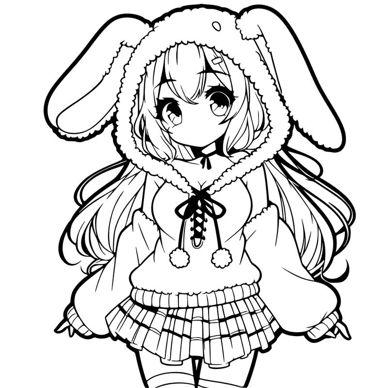 pretty anime girl wearing a fluffy hoodie with bunny ears on the hood and a skirt
