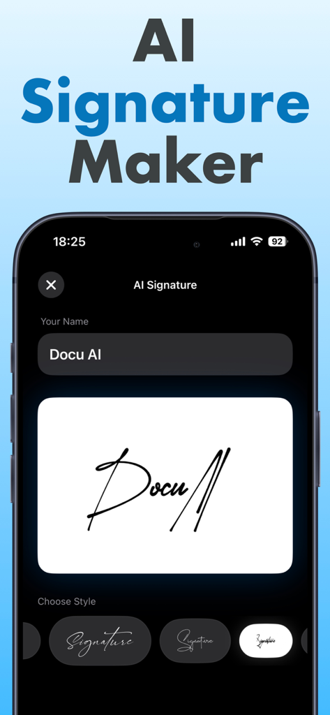 Mobile interface of the Docu AI signature maker feature showing different professional script styles for digital signing