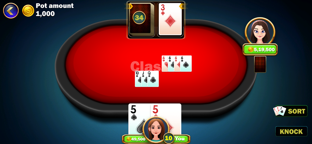 Tonk classic Tunk card game - Une capture d'écran du gameplay du jeu de cartes Tonk Classic montrant une table de cartes numérique avec des avatars et des ensembles de cartes.