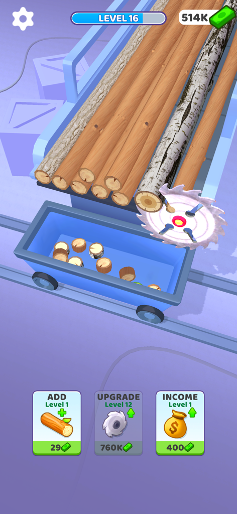 A circular saw cutting wood logs on a conveyor belt in a colorful idle mobile game.