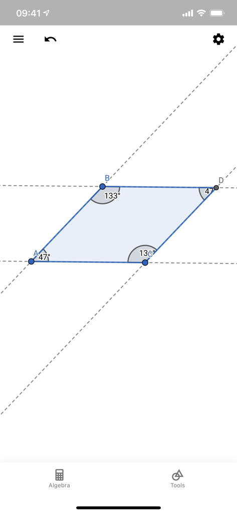 Interactive geometric construction of a parallelogram with labeled angles in the GeoGebra app interface