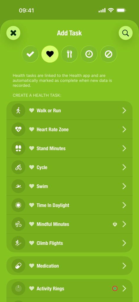 Streaks App-Oberfläche, die das Menü zum Hinzufügen von Gesundheitsaufgaben mit Optionen für Gehen, Radfahren und achtsame Minuten anzeigt
