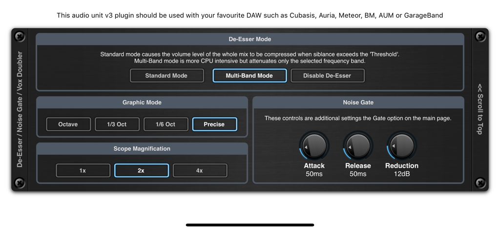 Interface of the De-Esser AUv3 audio plugin showing various control modes including De-Esser and Noise Gate