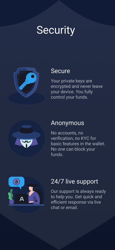 Atomic Wallet-Bildschirm, der Sicherheitsfunktionen hervorhebt, einschließlich verschlüsselter privater Schlüssel, Anonymität ohne KYC und 24/7 Live-Support.