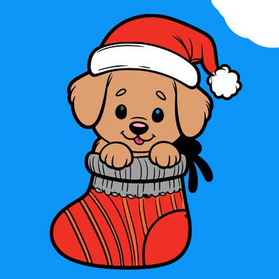 cute puppy wearing santa hat in socking