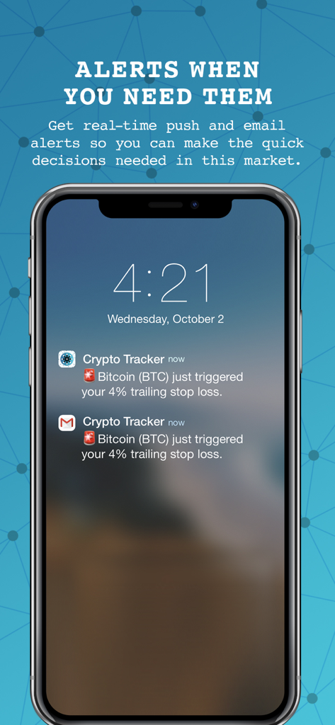 Crypto Tracker & Portfolio - Pantalla de smartphone mostrando alertas de stop-loss dinámico de Bitcoin en tiempo real de la aplicación Rastreador de Criptomonedas y Portafolio.