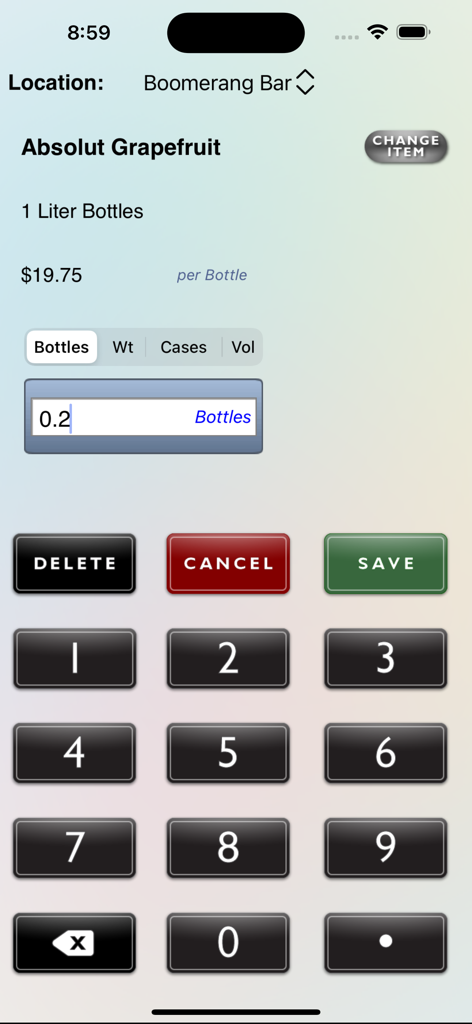 Mobile interface of BarkeepApp showing inventory entry for a bottle of Absolut Grapefruit