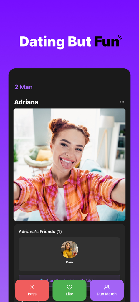 2 Man - Interface of the 2 Man dating app showing a user profile and the option to start a duo match with friends