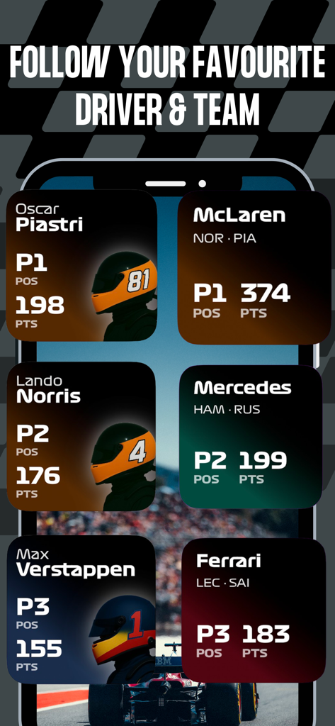 Display of Formula 1 driver and team standing widgets for iPhone showing points and positions