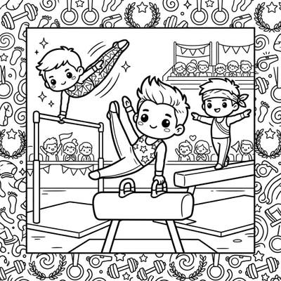 Dive into the exciting world of gymnastics with this delightful Kawaii coloring page, showcasing adorable male gymnasts in action. This charming design combines athletic prowess with the irresistibly cute Kawaii style, perfect for a fun and engaging coloring experience.
