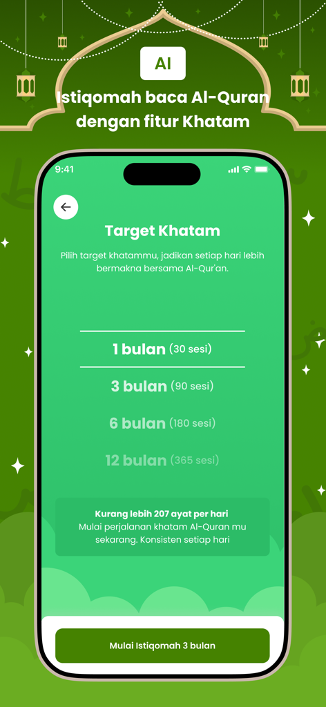 A mobile interface for setting Quran completion goals with options for one to twelve months.
