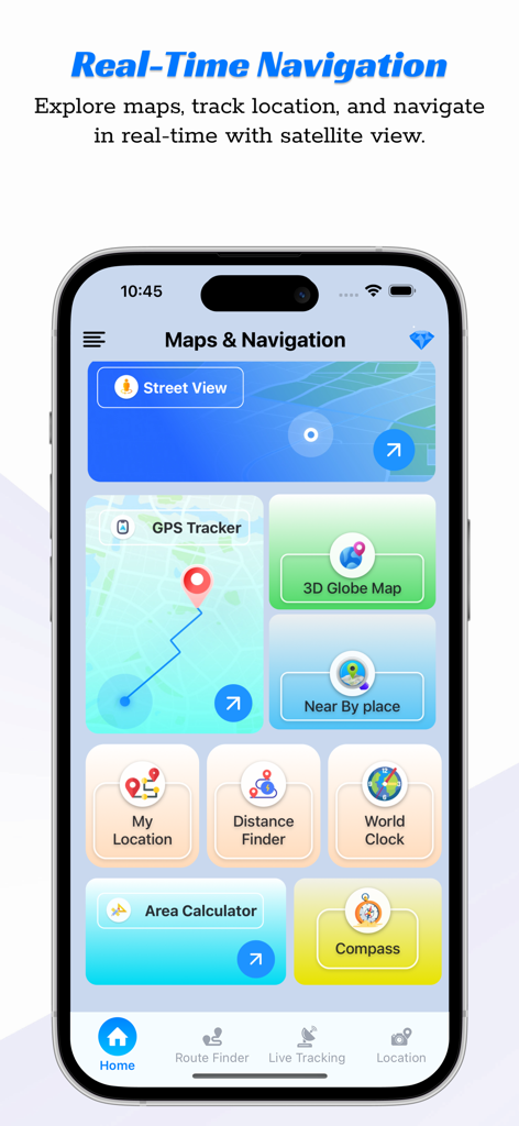 Live Earth Map Tracker app dashboard featuring real-time navigation, GPS tracking, and 3D globe map tools on an iPhone.