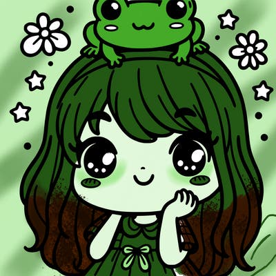 cute girl with a frog on her head